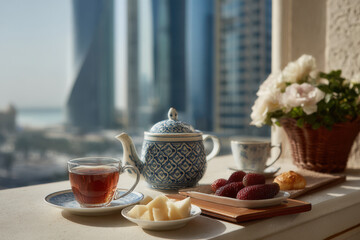 stunning breakfast spread on balcony overlooking vibrant city skyline