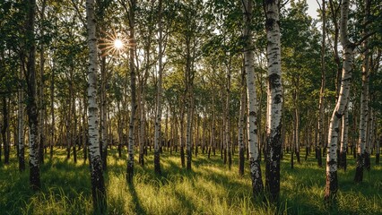 Fototapeta premium A lush birch woodland during the summer season