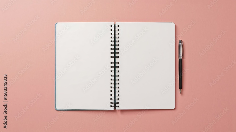 Poster overhead shot of an empty spiral notebook accompanied by a pen and label tags on a pink backdrop