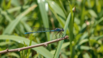 Vibrant blue damselfly settled on a woody stem