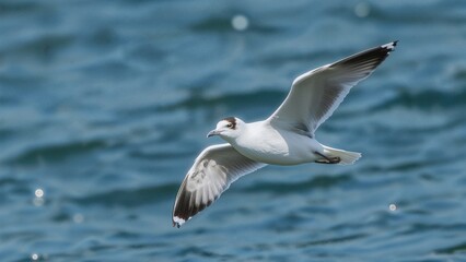 Black-headed Gull in flight over a blue water surface displaying white body, partial black hood, and distinctive eye markings