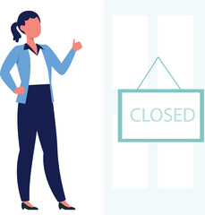 Girl puts closed board on the door.