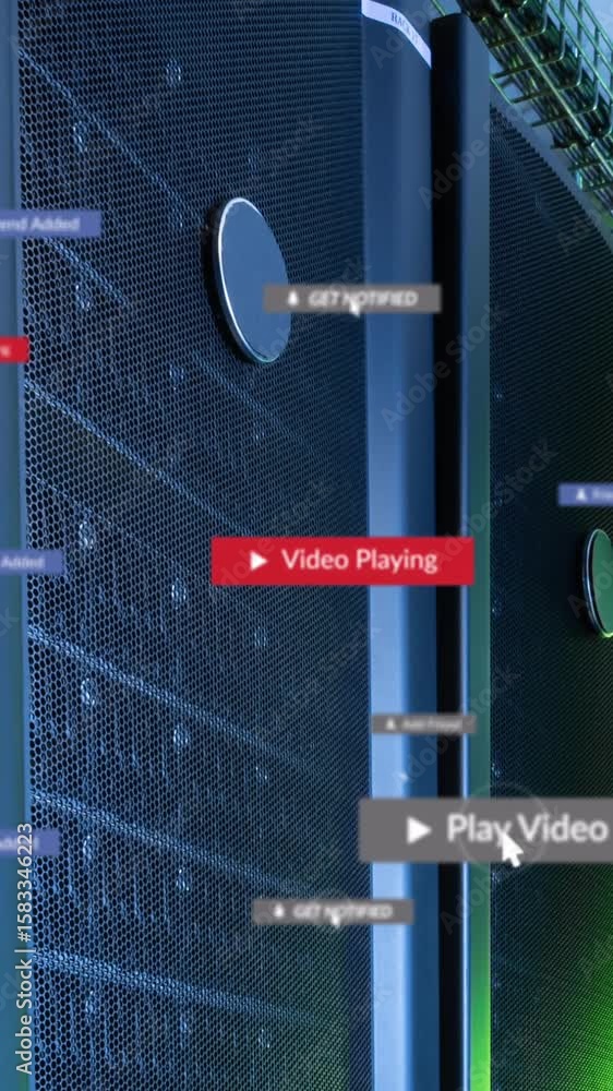 Poster animation of social media icons floating against computer server room