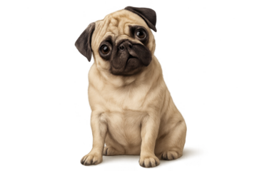 Cute fawn pug dog with head tilt isolated on a transparent background