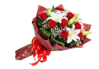 Beautiful bouquet of red roses and white lilies isolated on transparent background