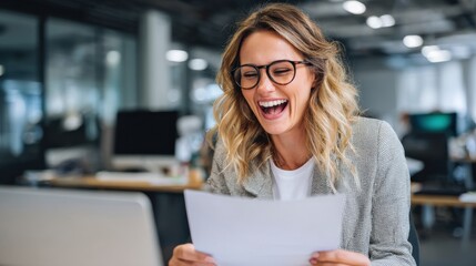 Woman at work reacting happily to promotion letter, paper in hand, modern workplace