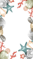 Vacation by the sea. Watercolor Template for stories in social networks. Frame of sea stones and stars, shells, corals and pearls. Hand-drawn illustration on a white background for your design