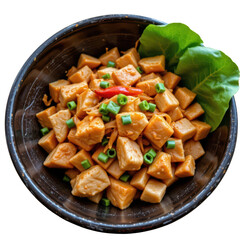 a bowl of food, which appears to be tofu based chicken, garnished with chopped green onions and red chili peppers, served in a black bowl