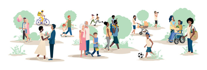 People of different ages and nationalities walk in the park and go about their business. Families with children, elderly and young couples, friends spend time together. Vector horizontal illustration.
