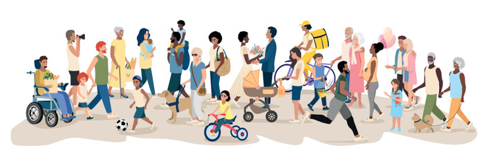 Happy people of different gender, age and race standing, walking and communicating together. People going about their business. Large group of diverse and active people. Vector illustration