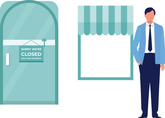 The boy is standing outside the closed shop with his hands in his pockets.