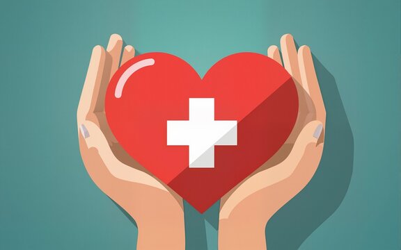 Hands holding a heart with a medical cross, symbolizing care, support, and recovery. High quality