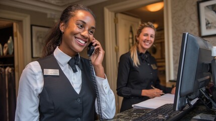 Woman concierge on phone assisting guest while colleague smiles at computer