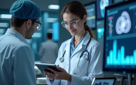 Female scientist examines data on tablet in modern lab. Screens display advanced medical tech, research, innovation. Doctor analyzing results, diagnostic process in clinic. Science, medicine,