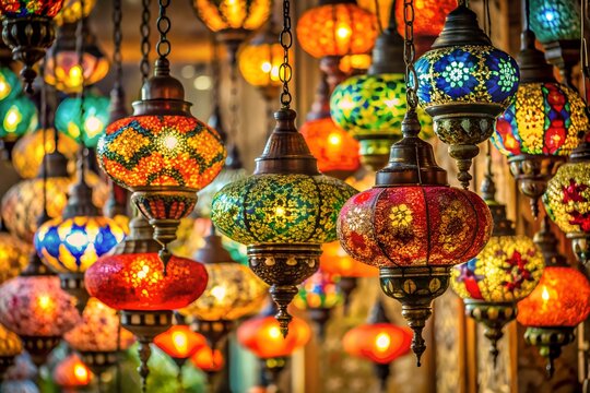 Many colorful and decorative turkish lanterns hang in a shop
