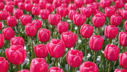 Fototapeta premium Cluster of pink tulips against a white backdrop. Wide view. Seasonal scenery