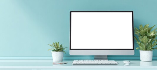 The modern desktop workspace with a blank computer monitor and greenery.