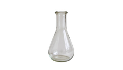 a clear glass flask with a stopper at one end, placed against a dark background that contrasts with...