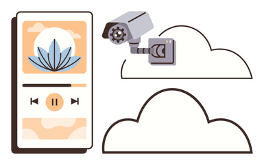 Smartphone app with a media player, surveillance camera, and clouds merging technology, security, and data storage. Ideal for privacy, security, digital backup, online streaming cloud services tech