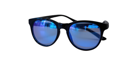 a pair of blue sunglasses with mirrored lenses against a dark background