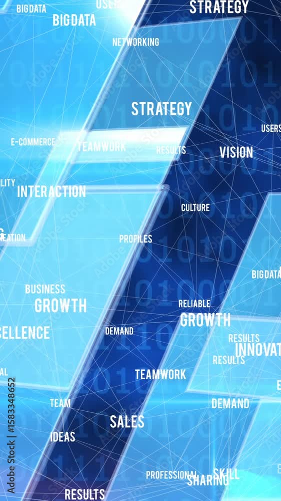 Poster animation of network of connections with digital words over binary coding in background