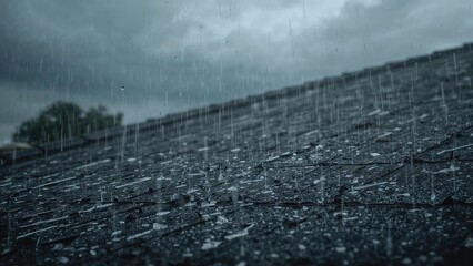 Intense rain pouring down on the roof with a gloomy sky behind.
