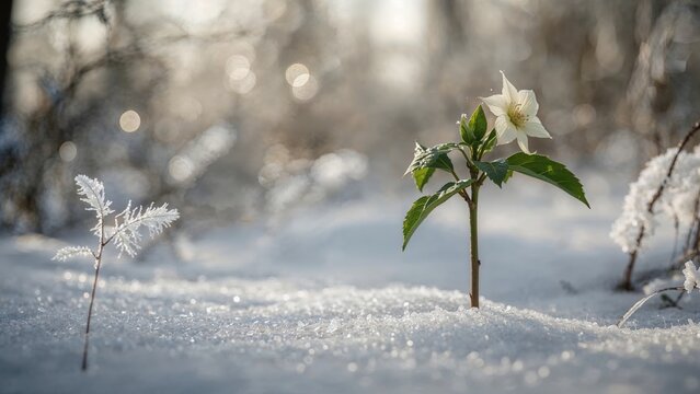 Springtime forest scene featuring Helleborus niger flower