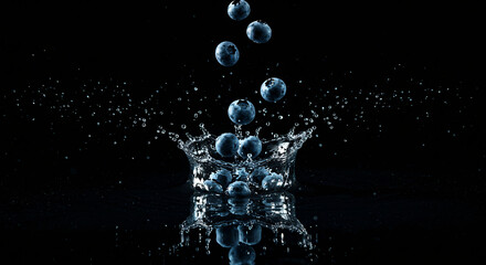 Blueberries falling into water, creating a splash and ripples, against a dark background with reflections.