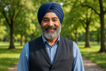 Portrait of smiling senior indian sikh man wearing turban in park