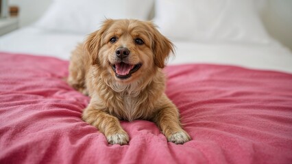 Aerial image of a fun-loving dog barking excitedly on a pink blanket