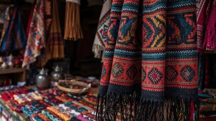 Colorful alpaca textile with traditional artwork made by hand, found in an artisan market