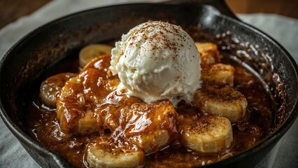 Banana Foster dessert prepared in a cast-iron skillet served with ice cream and cinnamon