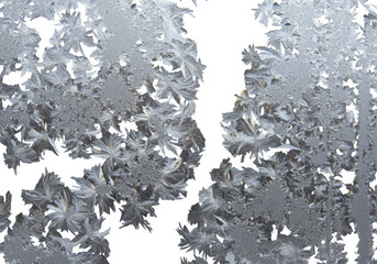 Close up of beautiful frost patterns on a window in winter isolated on transparent background