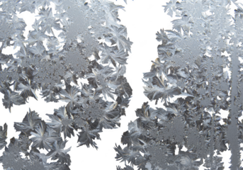 Close up of beautiful frost patterns on a window in winter isolated on transparent background