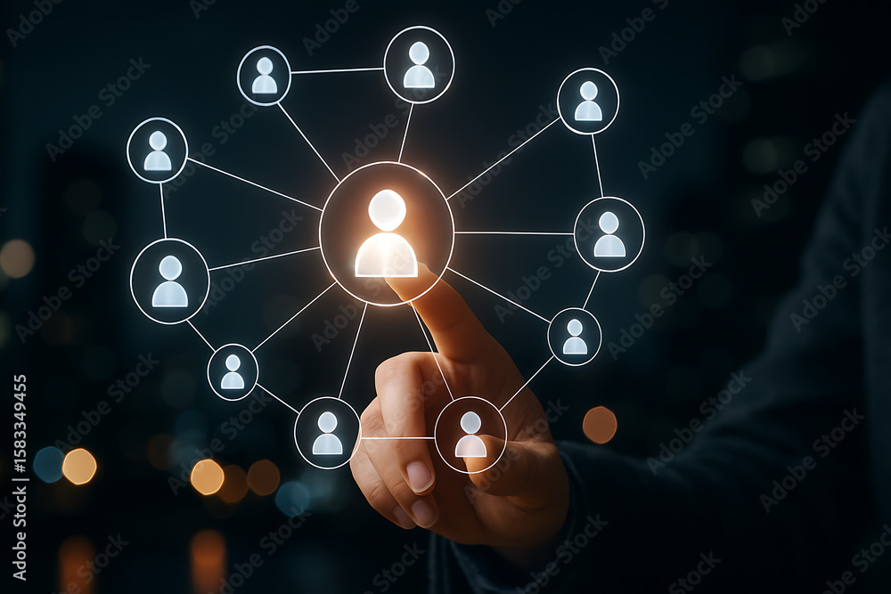 Poster businessman touching virtual digital network interface with connected people icons in futuristic com