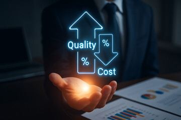 Business professional holding hand with hologram interface showing increasing quality and decreasing cost concept for performance management value strategy and organizational excellence