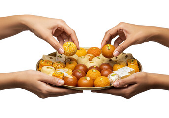 Hands offering a plate of indian sweets isolated on transparent background