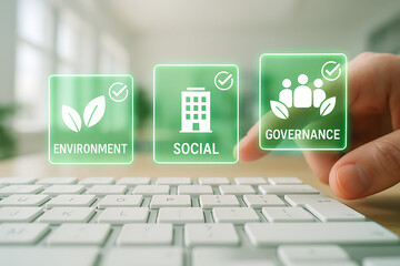 Sustainable ESG concept with environment social and governance icons highlighted in green representing corporate responsibility ethical investment and conscious leadership in modern business