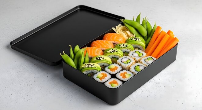 Healthy sushi bento box with salmon, avocado, and vegetables