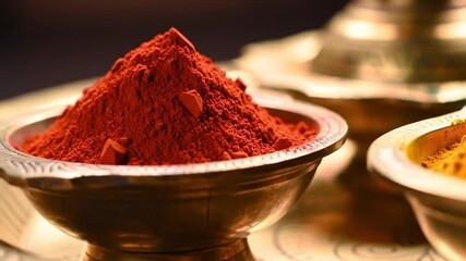 Spices in brass bowls, close-up a mound of red powder in the foreground