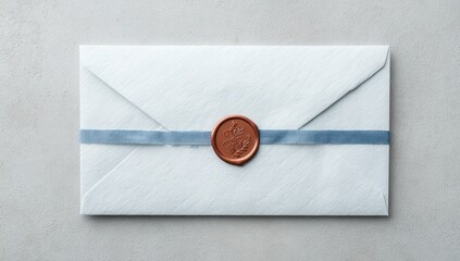 White envelope, sealed with copper wax, light blue ribbon
