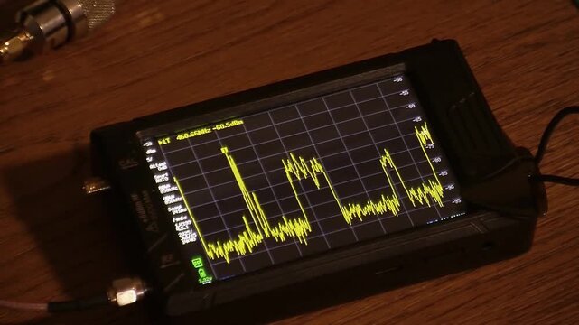 close up of RF spectrum analyzer. You can see a portion of on UHF band with DVB broadcast
