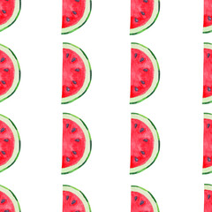 Watercolor illustration of watermelon slices. Seamless pattern of watermelon slices with bright red flesh on a white background.