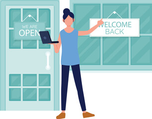 The girl is welcoming the customers.