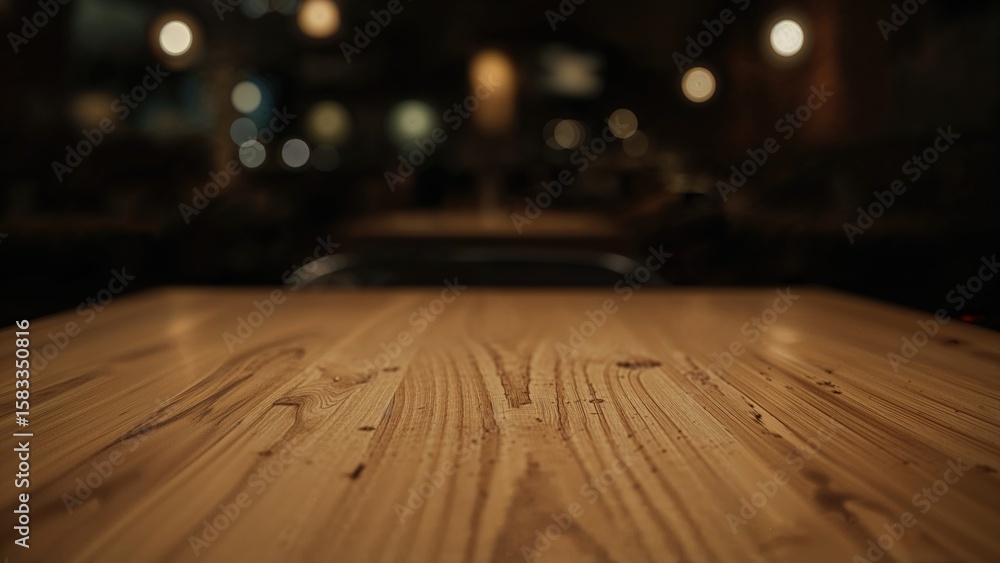 Poster selective focus on plain wood table with blurred background for display