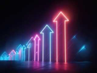 Neon arrow graphics ascending on dark surface