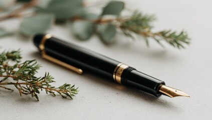 Black fountain pen with gold nib, resting on a light surface, surrounded by greenery