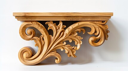 Exquisite carved wooden corbel displaying intricate floral and scrollwork design