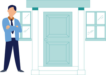 The man is standing with tied hands outside the house.