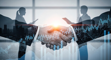 Business Deal Handshake with Financial Growth Chart Overlay, Cityscape Background, Symbolizing Success, Partnership, and Investment Opportunities